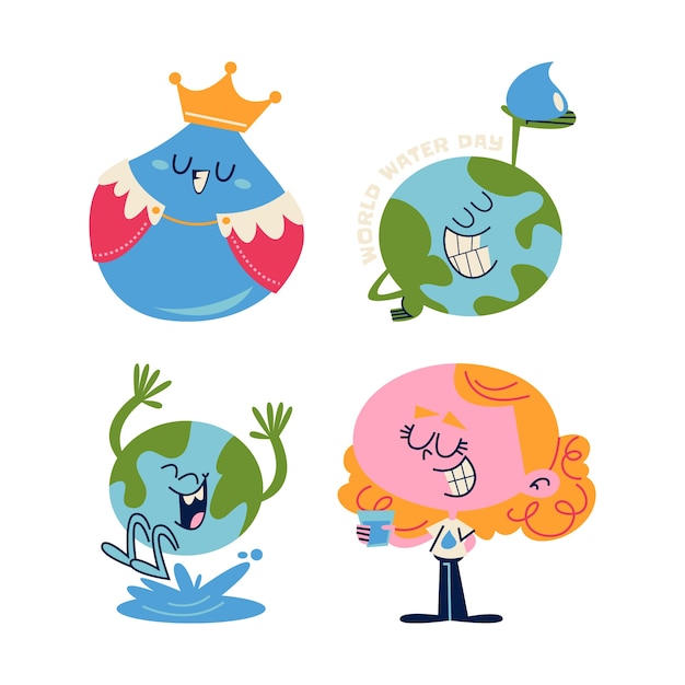 Free Vector retro cartoon world water day stickers collection