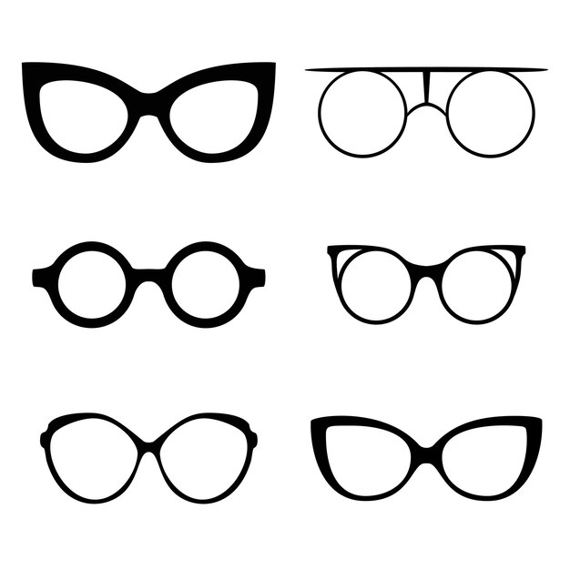 6 様々 なメガネのレトロなコレクション サングラス黒シルエット目セット ベクトル イラスト