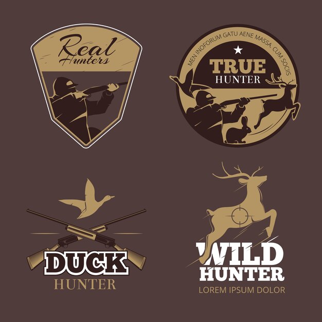Retro color hunting labels set. Hunter wild, vintage emblem, aiming and duck, vector illustration