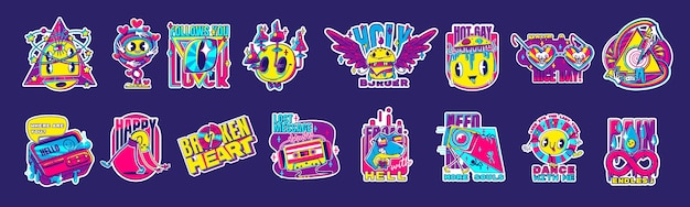 Free vector retro colorful stickers rave psychedelic icons