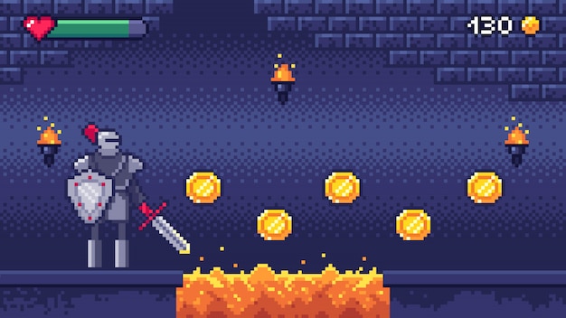 Ретро уровень компьютерных игр. пиксель арт сцена видеоигры 8 битный персонаж воин собирает золотые монеты, пиксели игровой иллюстрации Premium векторы