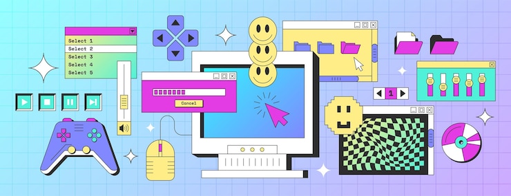 Free Vector retro computer screen interface with windows folder buttons happy smile faces browser message frames