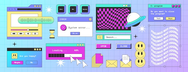 Ретро-экранный интерфейс компьютера с всплывающим браузером уведомлений папки Windows и рамками сообщений