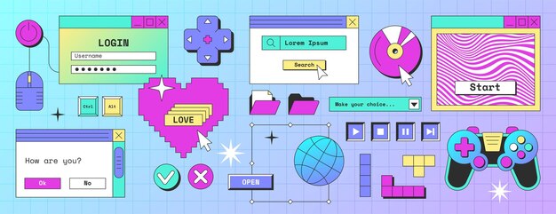 Retro computer screen interface with windows folder popup notification browser and message frames