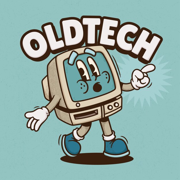 Retro Computer Trendy Retro Cartoon Vector Hand Drawn