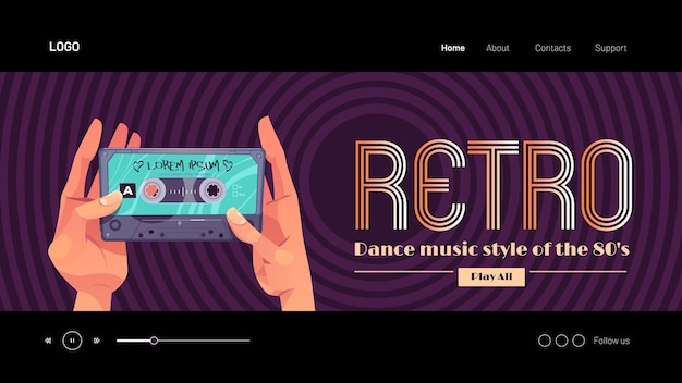 Free vector retro dance music style of s banner hands holding audio cassette