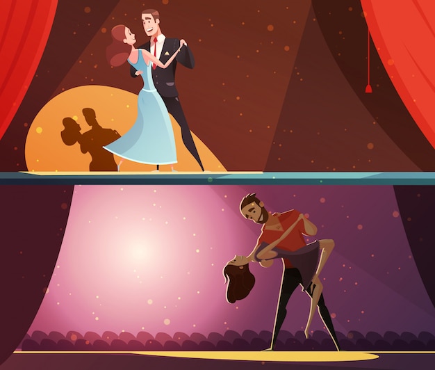 Free vector retro dance studio 2 horizontal cartoon banners set with classic walz and rhumba performance isolate