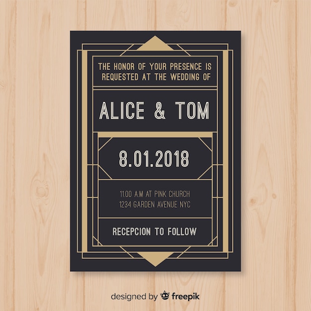 Retro dark wedding invitation template in art deco design