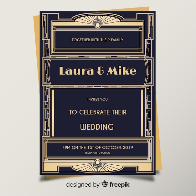 無料ベクター アールデコのデザインのレトロな結婚式の招待状のテンプレート