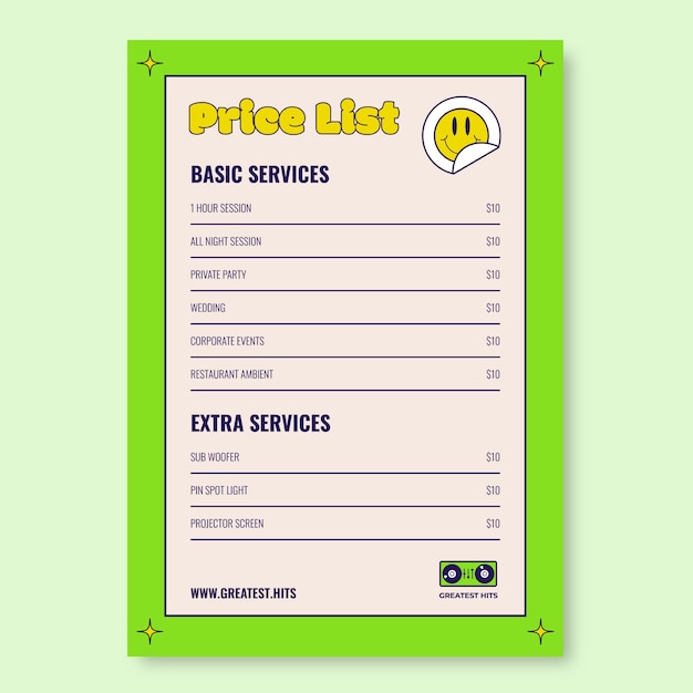 Retro dj price list template