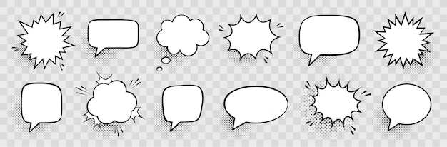 Retro empty comic speech bubbles set with black halftone shadows. vintage design, pop art style