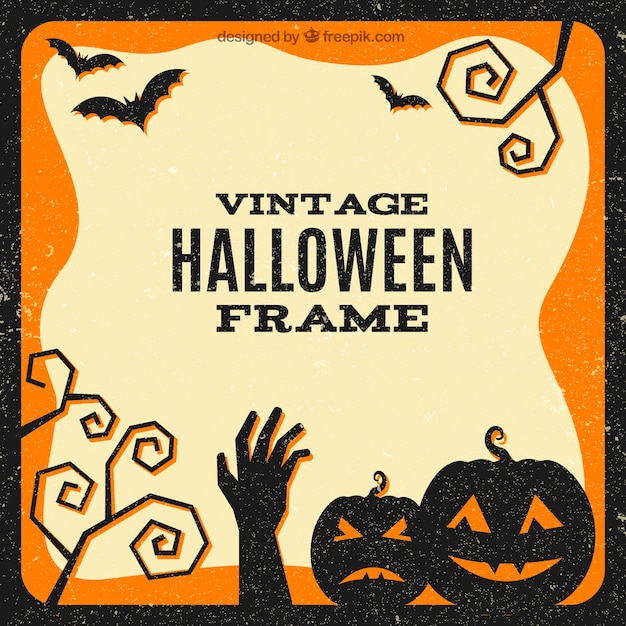 Retro frame with pumpkins and zombie hand