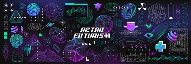 Retro futuristic abstract 3d wireframe geometry objects from line grid