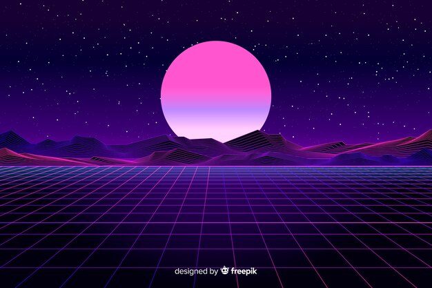 Retro futuristic landscape background flat design