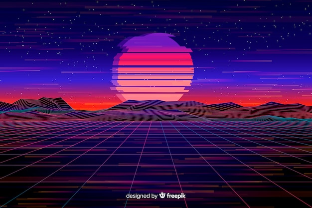 Retro futuristic landscape background flat design