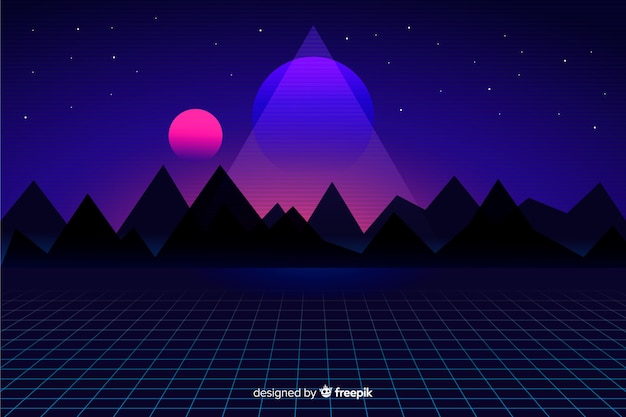 Retro futuristic landscape background with sun