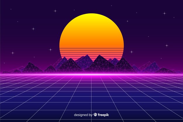 Retro futuristic landscape background with sun