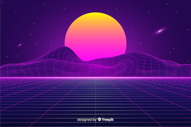 retro futuristic landscape background with sun