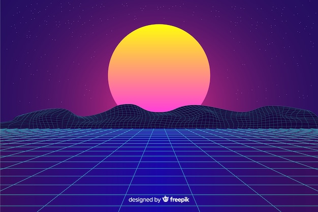 Retro futuristic landscape background with sun