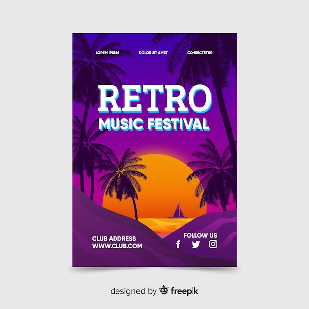 Free vector retro futuristic music poster with sunset template