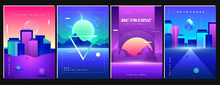 무료 Vector 와이어프레임 산과 메타버스 네온 도시를 가진 레트로 미래주의 우주 포스터