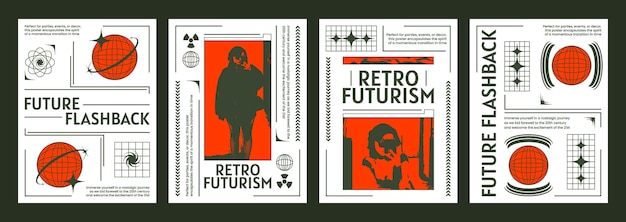 Free vector retro futuristic vibe posters set