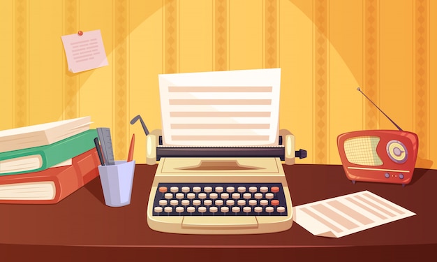 Free vector retro gadgets cartoon background with typewriter radio books stationery