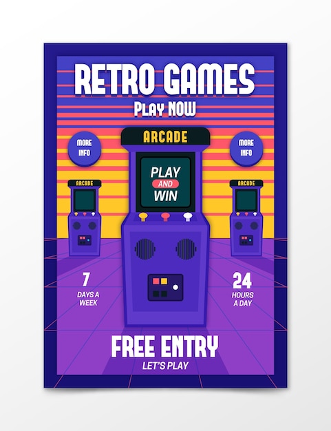 Vettore gratuito modello di poster di gioco retrò illustrato