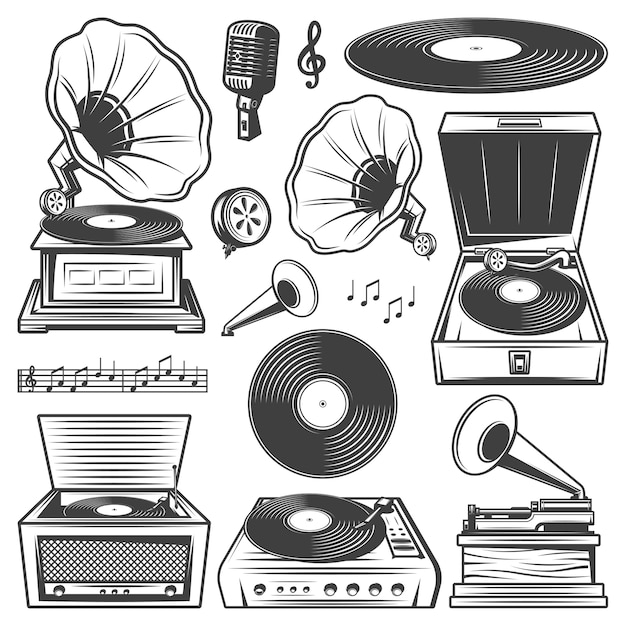 Retro gramophone icons set with turntable vinyl record player phonograph microphone music notes in vintage style isolated