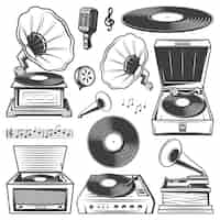 Vettore gratuito retro icone grammofono impostate con giradischi in vinile giradischi fonografo microfono note musicali in stile vintage isolato