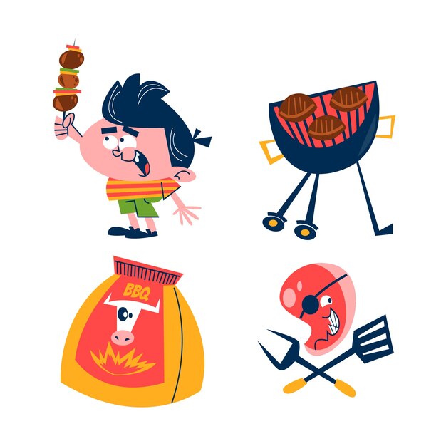 Retro hand drawn bbq stickers