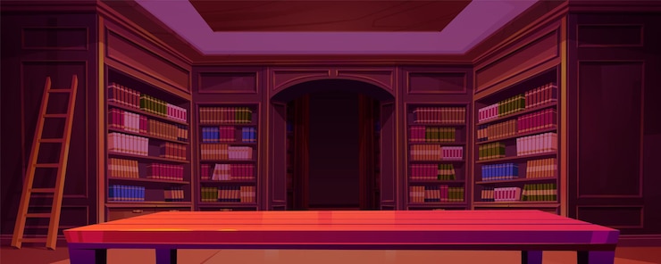 Free Vector retro library with many books on wooden shelves vector cartoon illustration of large room furnished with desk bookshelves ladder university literature collection ancient archive storage interior