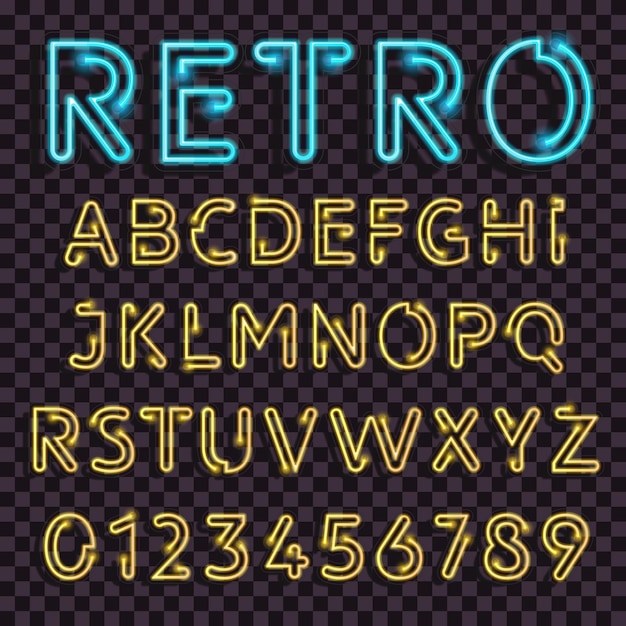 Vettore gratuito insieme realistico di alfabeto latino chiaro retrò di lettere al neon e numeri su sfondo trasparente illustrazione vettoriale isometrica