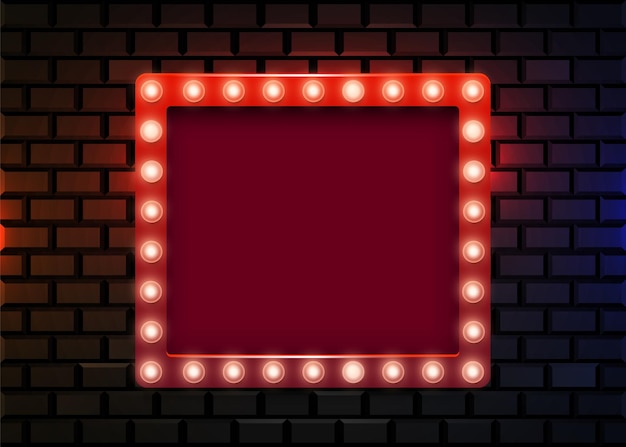 Retro light sign on brick wall wall. vintage style banner.