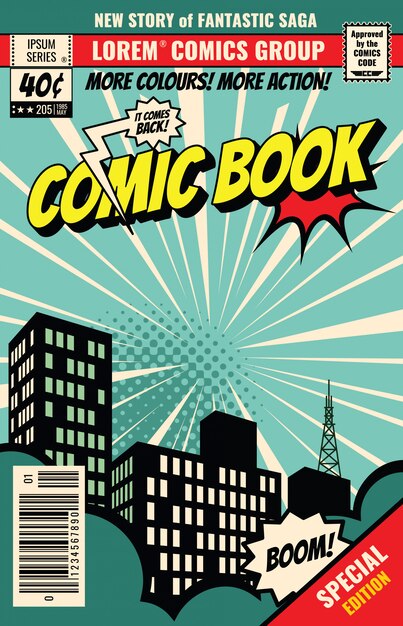 レトロな雑誌の表紙 ビンテージ漫画本ベクトルテンプレート コミック漫画ページイラストの本の表紙 プレミアムベクター