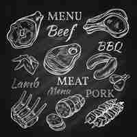 Free vector retro meat menu drawings on chalkboard with lamb chops sausage wieners pork ham skewers gastronomic products isolated vector illustration