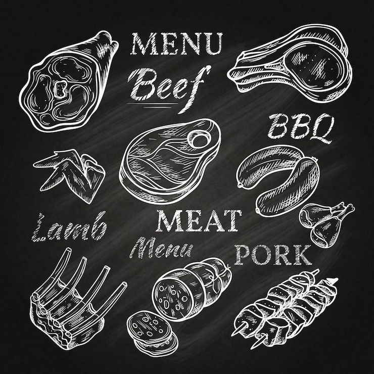 무료 Vector 양고기 볶음 소시지 소세지 돼지 고기 햄 꼬치 미식 제품 고립 된 벡터 일러스트와 함께 칠판에 레트로 고기 메뉴 도면