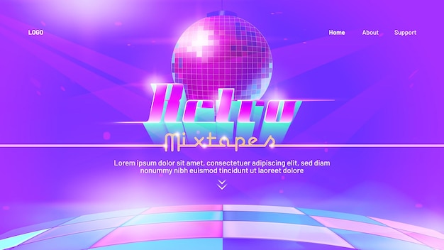 Retro mixtape banner with dance floor and disco ball landing page