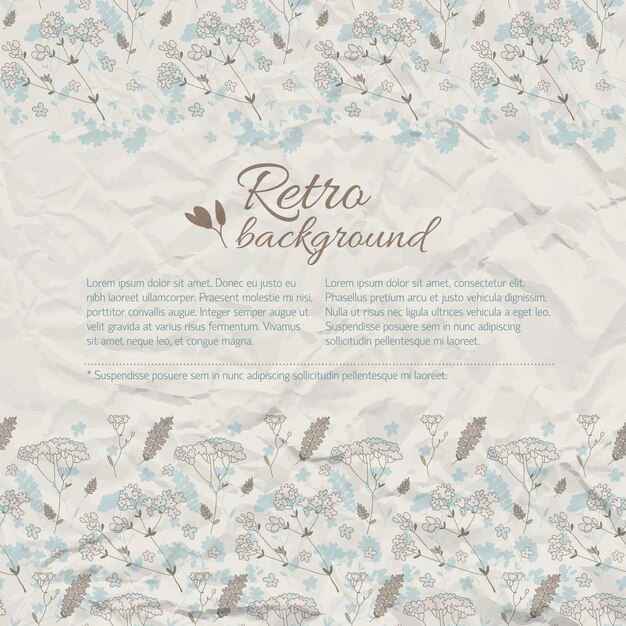 Ретро естественный фон с текстовыми луговыми цветами на текстурированной мятой бумаге