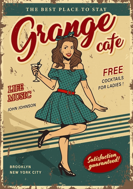 Free vector retro party colorful poster with pin up girl