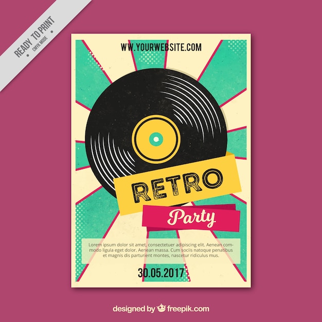 Free vector retro party poster with vinyl