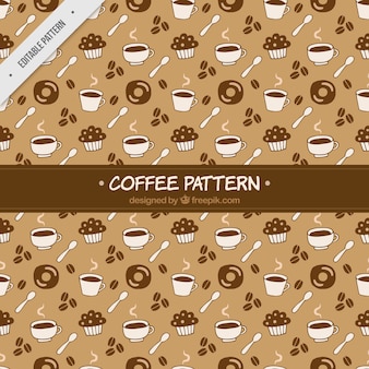 Retro pattern of sweets and hand drawn coffee mugs