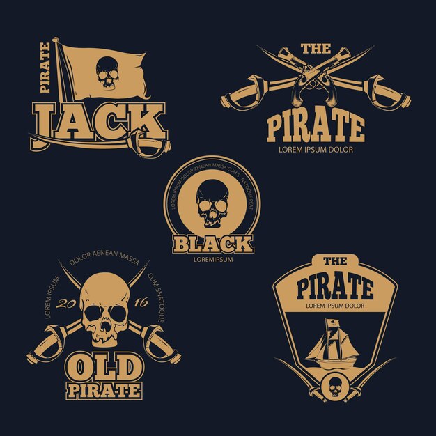 レトロな海賊版の色のロゴ、ラベル、バッジ。古い海賊のエンブレム、頭蓋骨の人間の海賊のロゴ