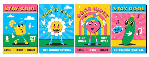 Retro posters or invitations for live music party with psychedelic funny characters