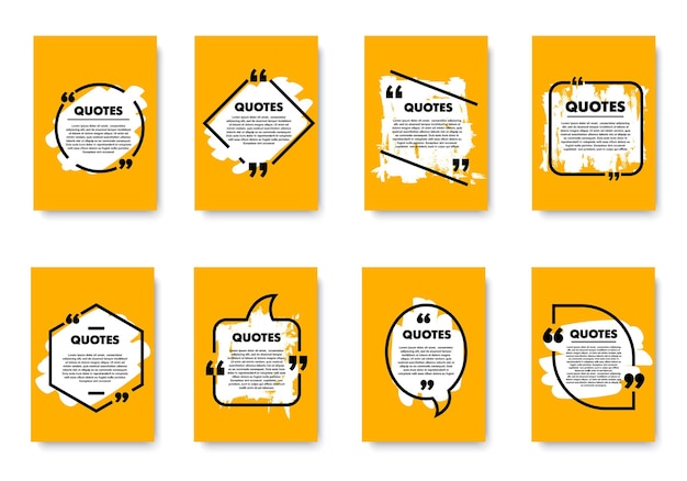 Ретро плакаты с сообщением пузыря цитаты и коробки. векторный набор желтых карточек с копией пространства различной формы для вставки текста, информации или рекламы. элементы дизайна, изолированные на белом фоне