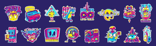 Retro rave stickers comic patches