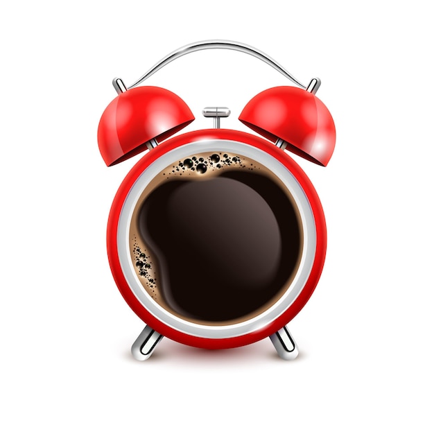 Retro red alarm clock with black coffee in middle