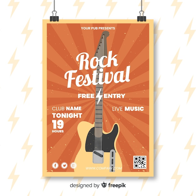 Бесплатное векторное изображение Шаблон плаката ретро рок фестиваля
