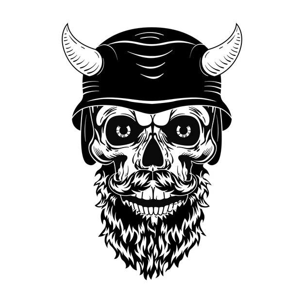 Retro skull in helmet with horns vector illustration. Monochrome dead head with beard