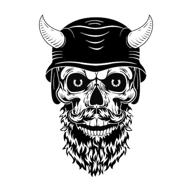 Retro skull in helmet with horns vector illustration. Monochrome dead head with beard